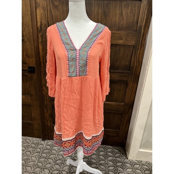 White Mark Dress‎ Women Small Coral Flutter Sleeve V Neck Tie Back Tunic - Picture 1 of 12